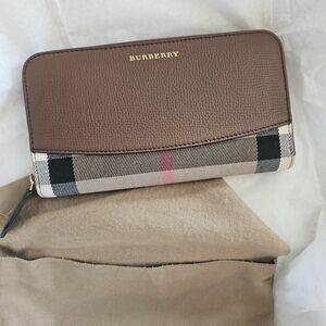 Burberry Brown Leather Zip Wallet with Iconic Check